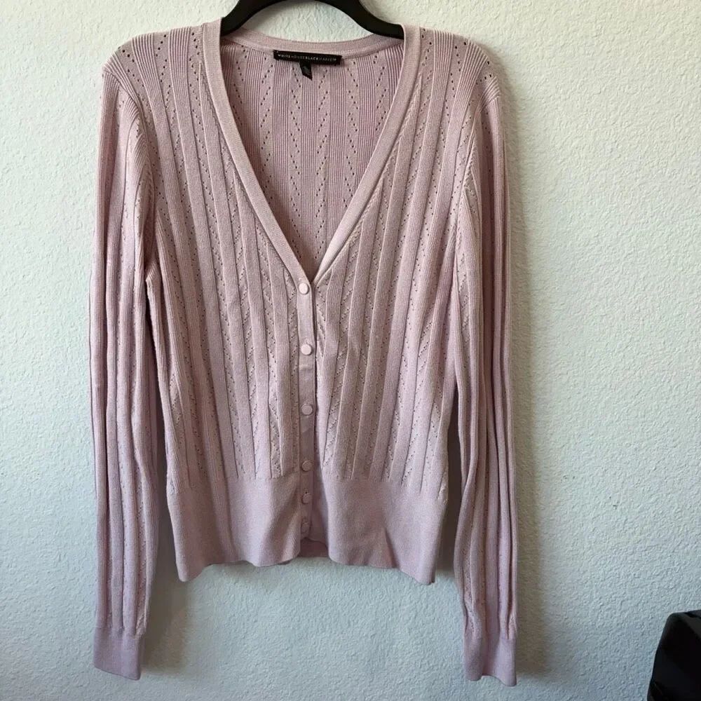 White House Black Market Blush Pink Eyelet Ribbed V-Neck Cardigan